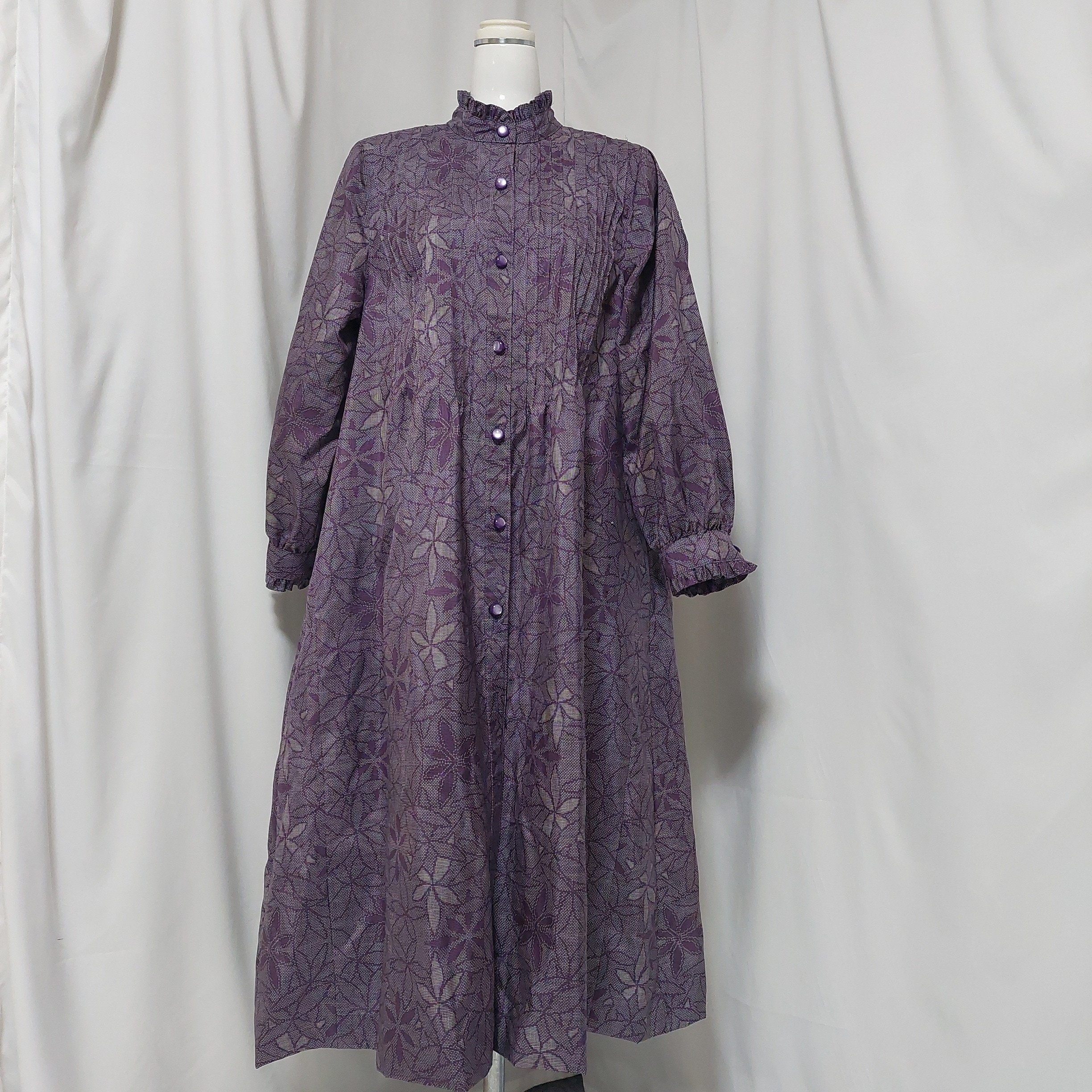 着物リメイク＊大島紬からフリル付きバンドカラーワンピース