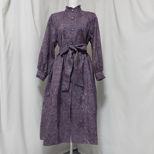 着物リメイク＊大島紬からフリル付きバンドカラーワンピース