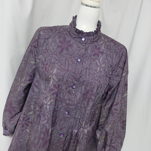 着物リメイク＊大島紬からフリル付きバンドカラーワンピース