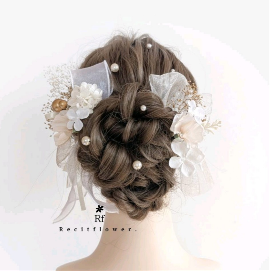 パールとリボンの髪飾り 成人式 卒業式 結婚式 七五三 白 ゴールド RC278