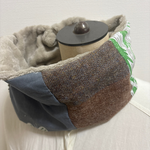 ハンドメイド☆ネックウォーマーミナペルホネンニットパッチワークファ