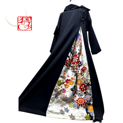 振袖 着物リメイク ドレス 和柄 ワンピース 黒×熨斗や花々 シンプル