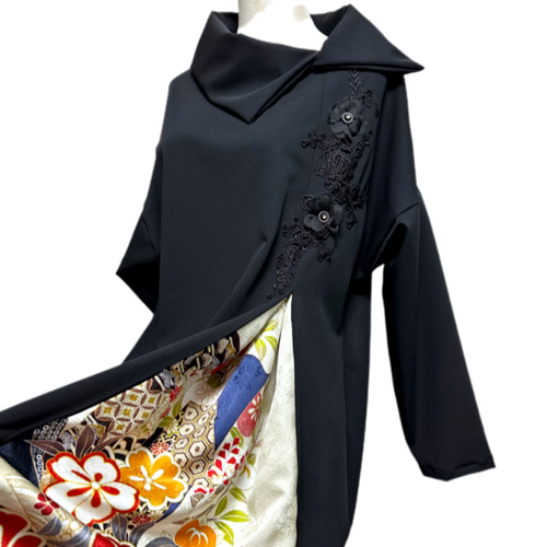 振袖 着物リメイク ドレス 和柄 ワンピース 黒×熨斗や花々 シンプル