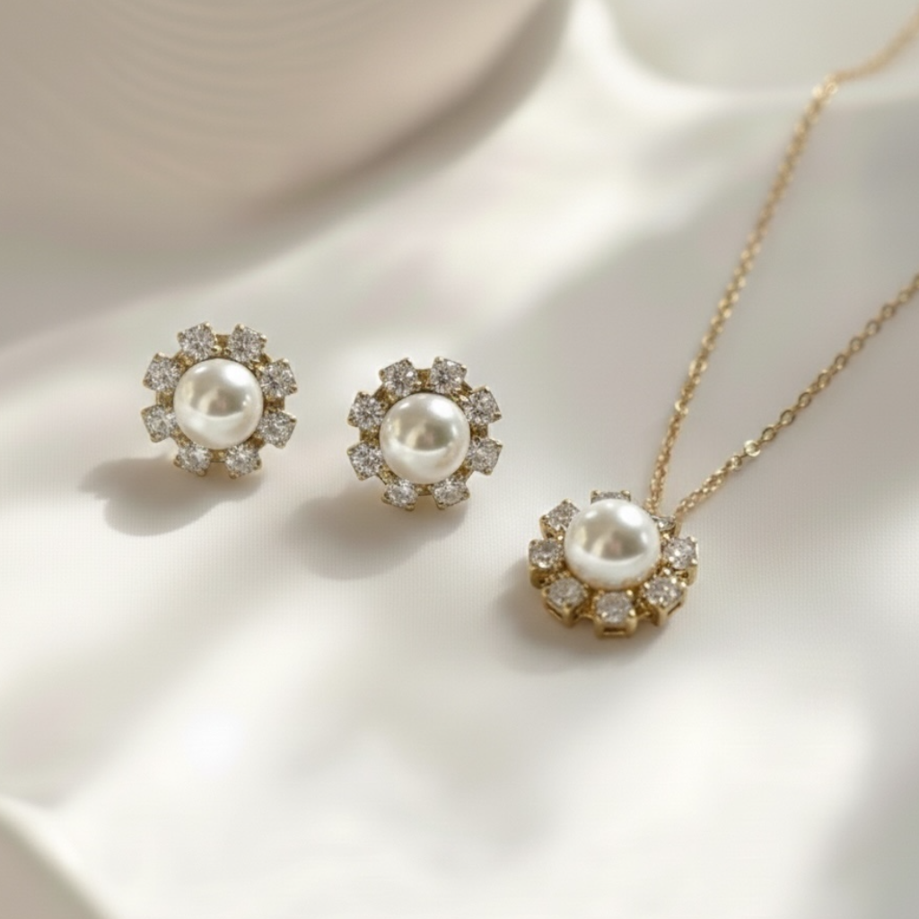 【 2点セット 】BOX付き サンフラワー パールとクリスタルのネックレス＆ピアスセット　お花 フラワー エレガント