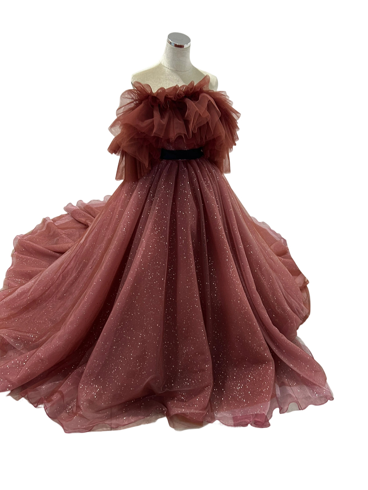 カラードレス テラコッタ色 オフショルダー キラキラグリッターチュール サッシュベルト アンティークなドレス