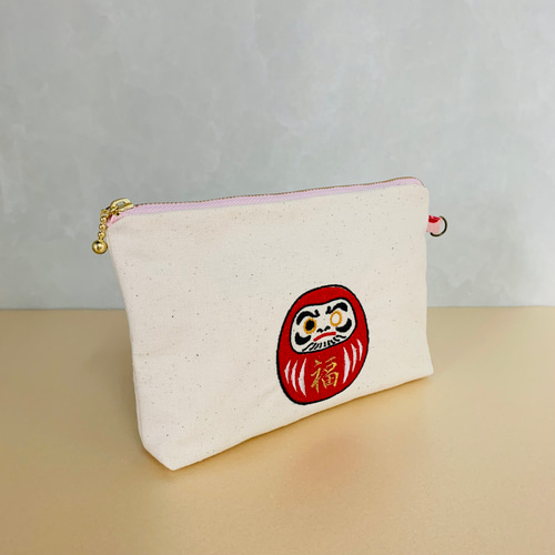 願いを込めた片目だるま刺繍ポーチ｜Japanese Daruma Embroidered