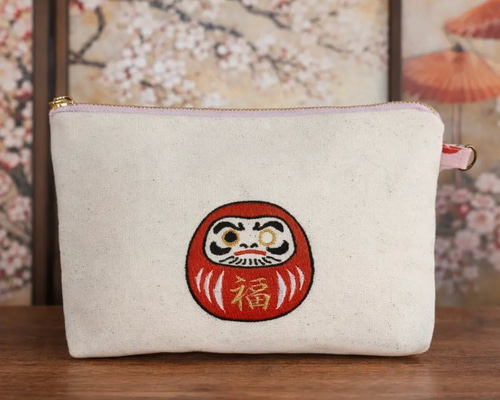 願いを込めた片目だるま刺繍ポーチ｜Japanese Daruma Embroidered