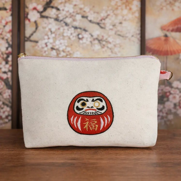願いを込めた片目だるま刺繍ポーチ｜Japanese Daruma Embroidered