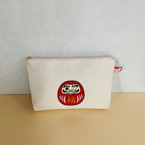 願いを込めた片目だるま刺繍ポーチ｜Japanese Daruma Embroidered