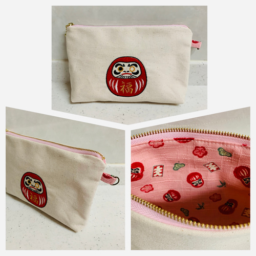 願いを込めた片目だるま刺繍ポーチ｜Japanese Daruma Embroidered
