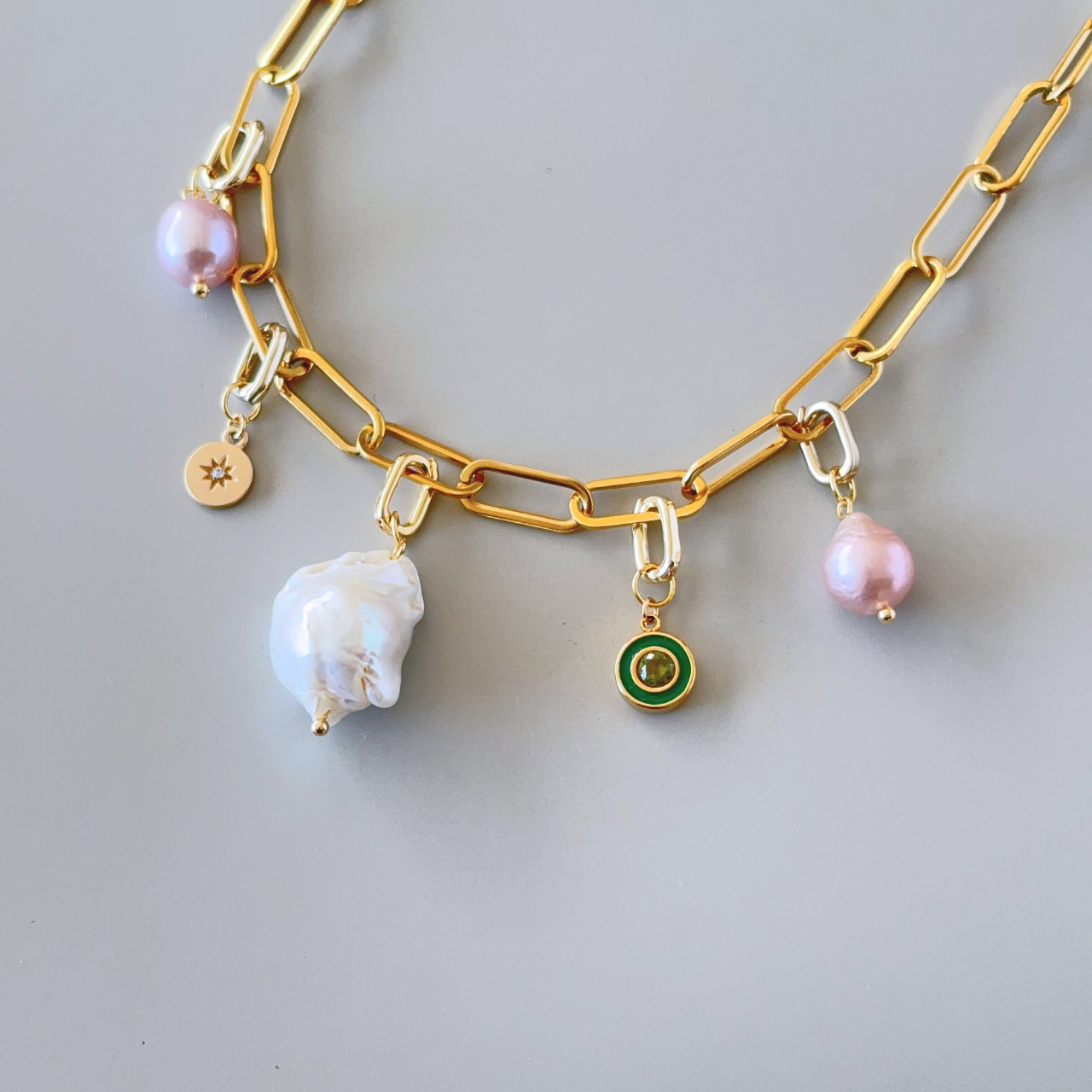 【誕生月チャーム】2way・3way バロックパール チェーンネックレス〈8月〉｜淡水パール ゴールド 誕生月チャーム