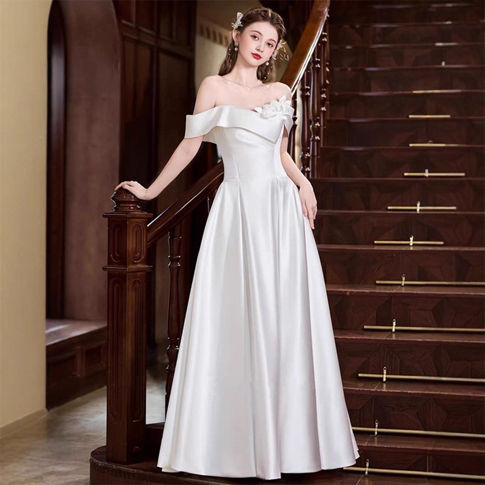 ウェディングドレス 白 花 サテン オフショルダー 韓国風 結婚式 花嫁 パーティー 前撮り お呼ばれ AK544