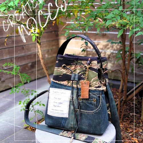 4点セット№817【DENIM✖️カモフラ ドローストリングショルダーバッグ