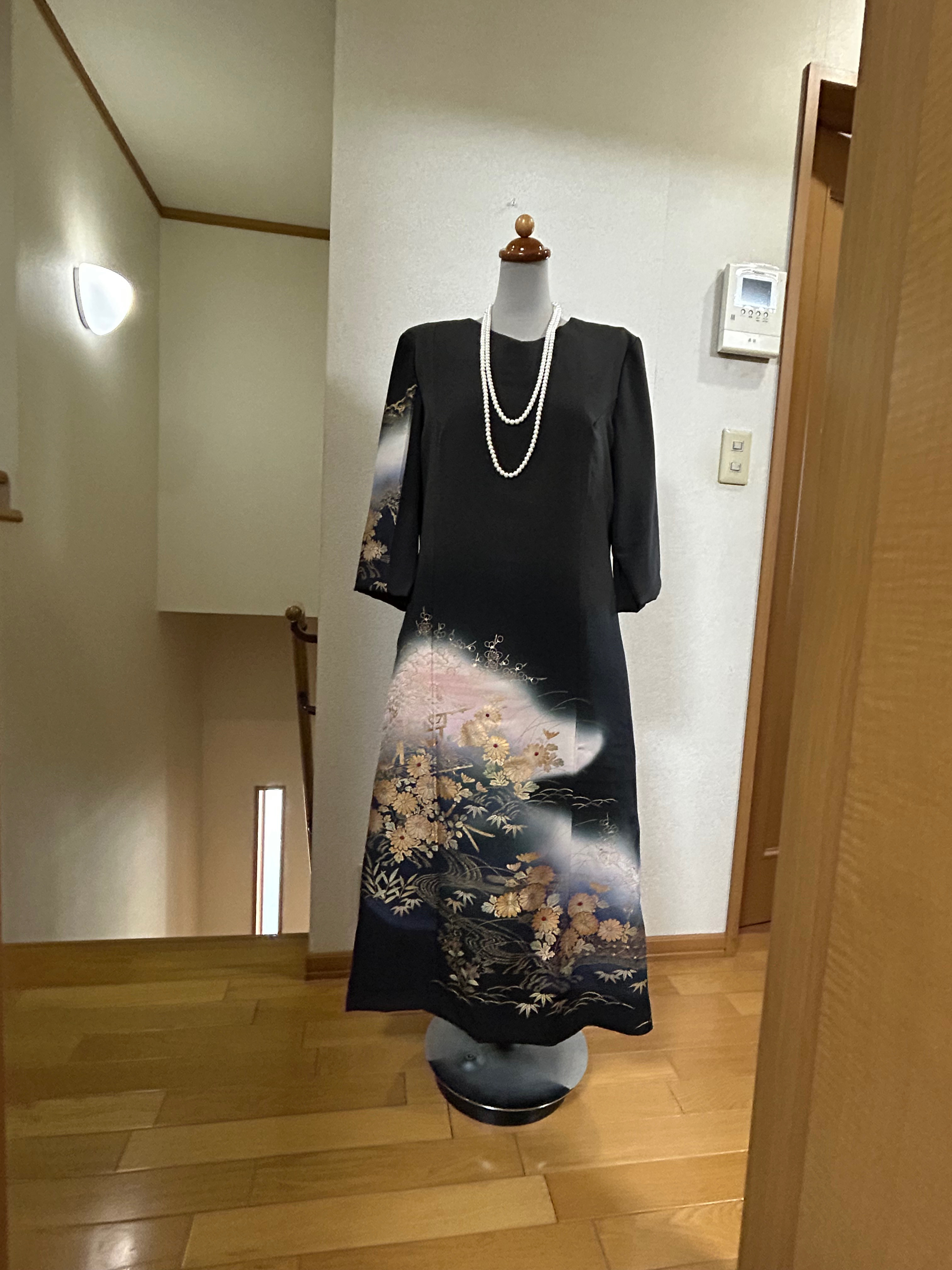 091 留袖ワンピース 11号 裏地付 セミロング 細見え 豪華 結婚式 フォーマル スリット袖