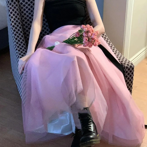 【pink】韓国風　ブラック×グレー　チュールドレス C255 編み上げ ビスチェ 黒リボン ピンク ロングドレス 二次会ドレス