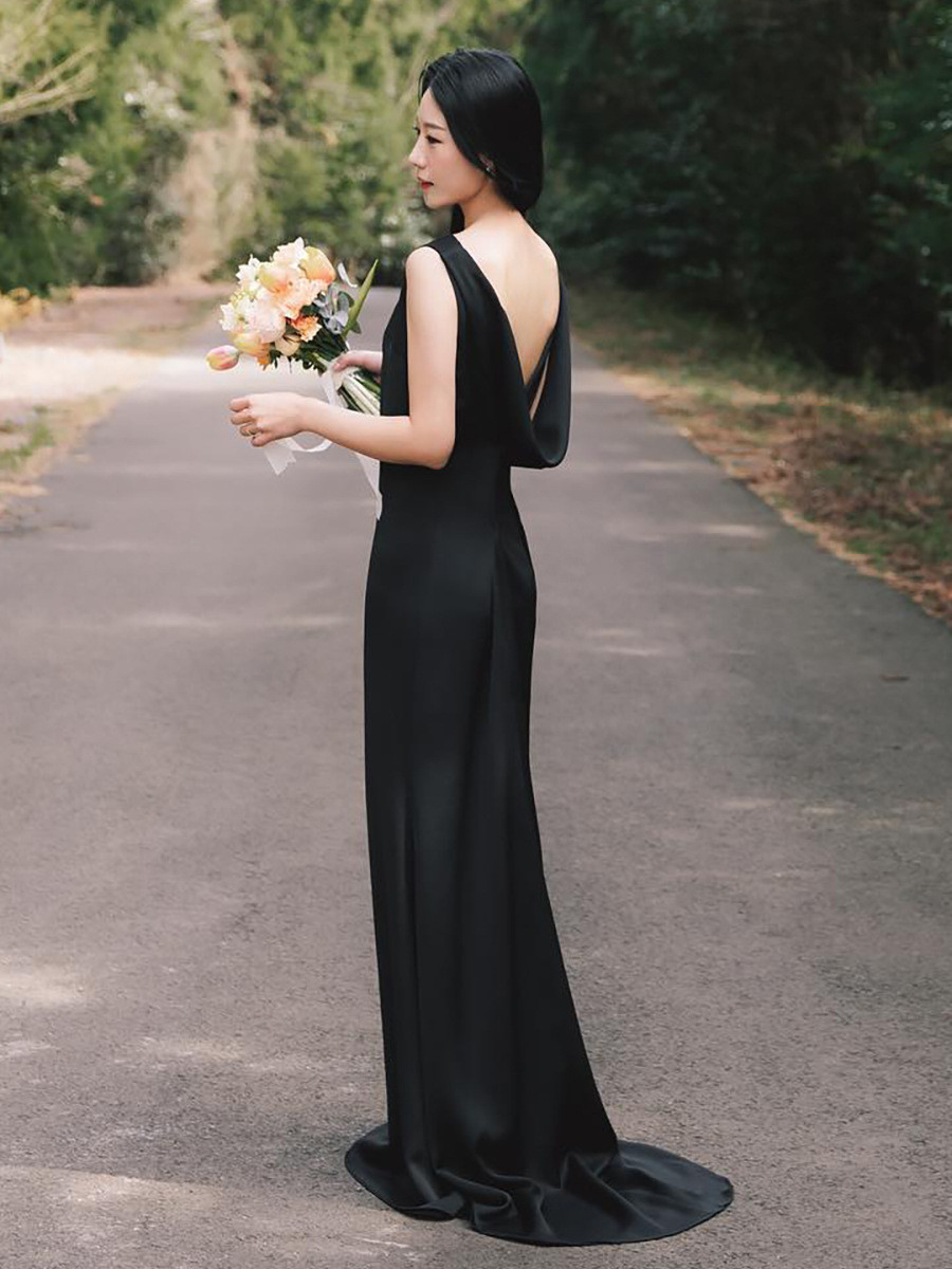 高級感 白黒 サテン パーティードレス シンプル 韓国風 結婚式 花嫁 二次会 演奏会 誕生日 前撮り HL979