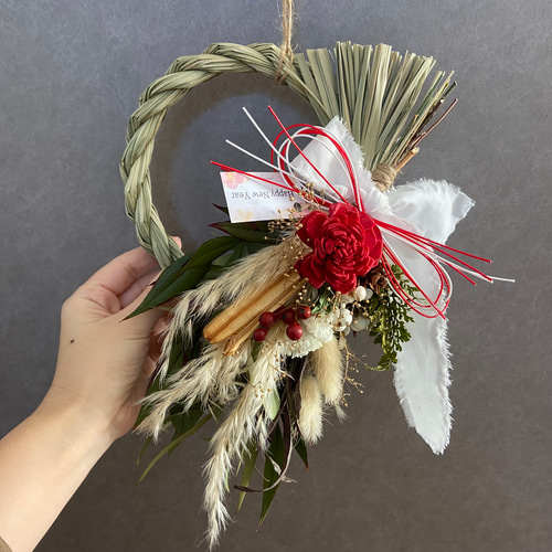 2026年\しめ縄飾り/2way取り外し 赤ドライフラワースワッグ お正月飾り