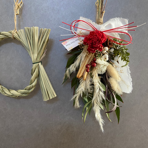 2026年\しめ縄飾り/2way取り外し 赤ドライフラワースワッグ お正月飾り