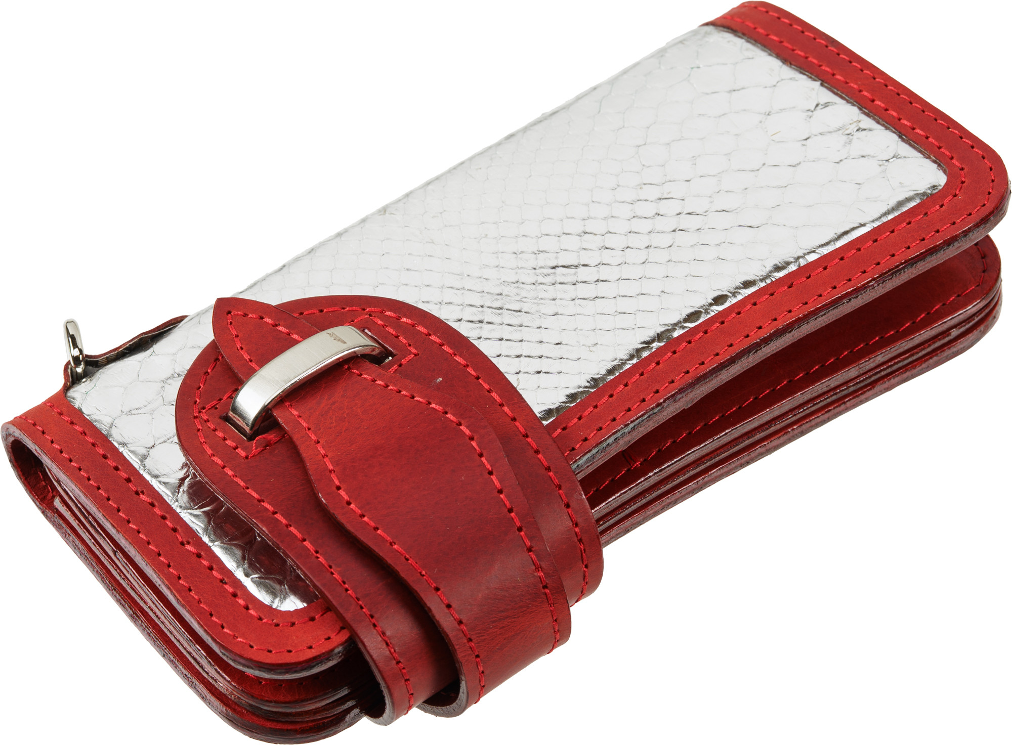 情熱の赤と浄化のシルバーパイソンが運気を呼ぶ。上質牛革×蛇革の縁起財布で、財と魅力を力強く引き寄せる一品。