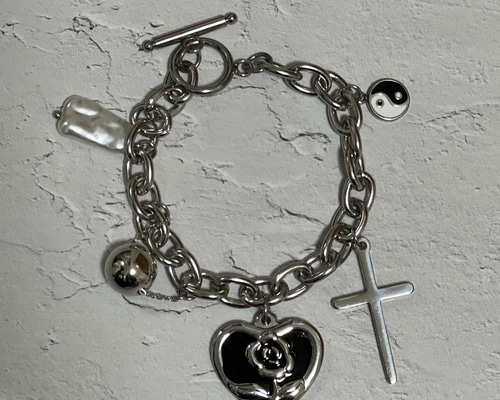 ステンレス じゃらじゃら チャーム ブレスレット 十字架 クロス ハート
