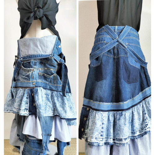 リメイクデニムフリルオーバーオールスカート世界で一つ♪古着再構築