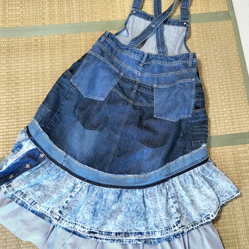 リメイクデニムフリルオーバーオールスカート世界で一つ♪古着再構築