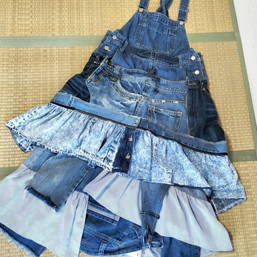 リメイクデニムフリルオーバーオールスカート世界で一つ♪古着再構築