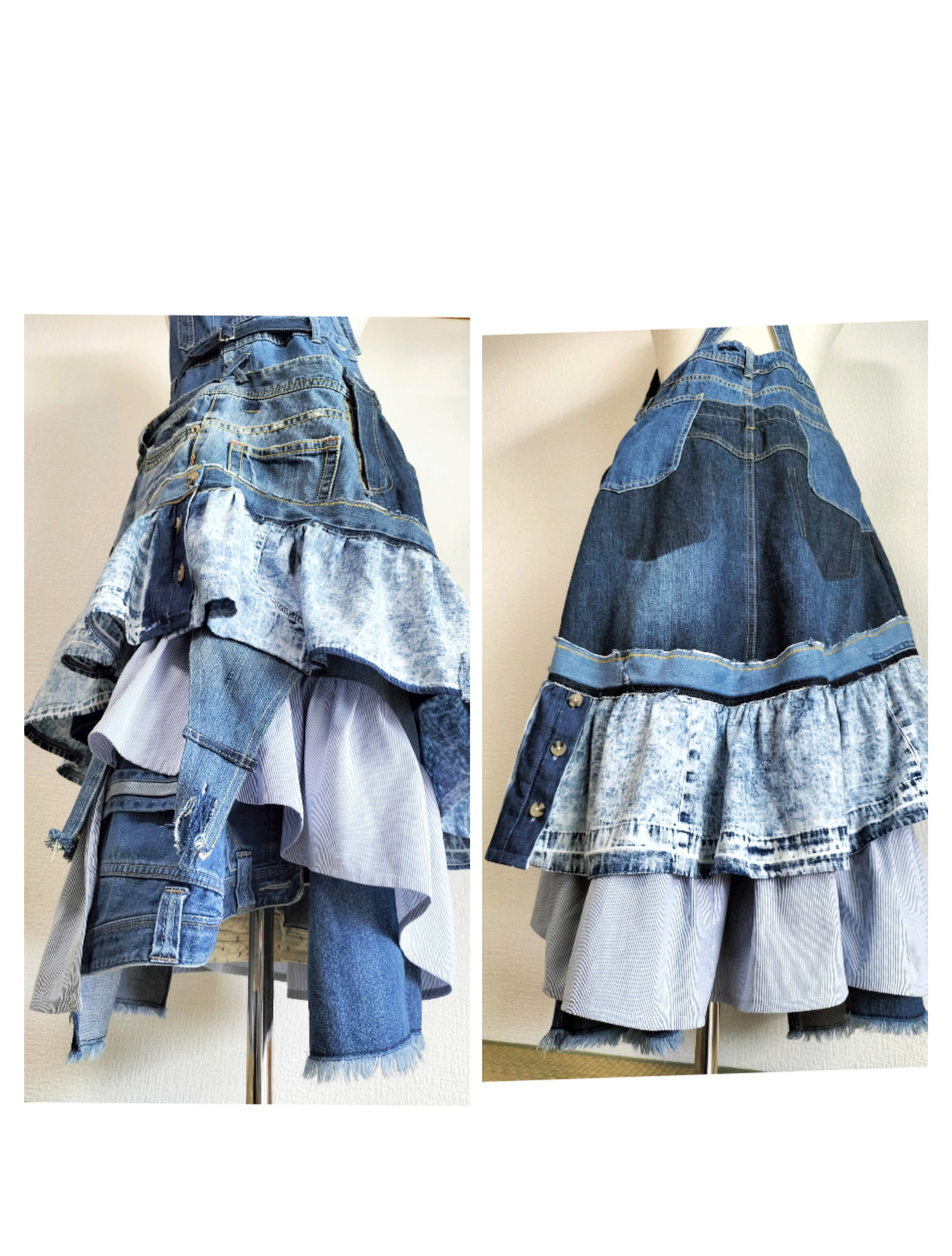 リメイクデニムフリルオーバーオールスカート世界で一つ♪古着再構築☆