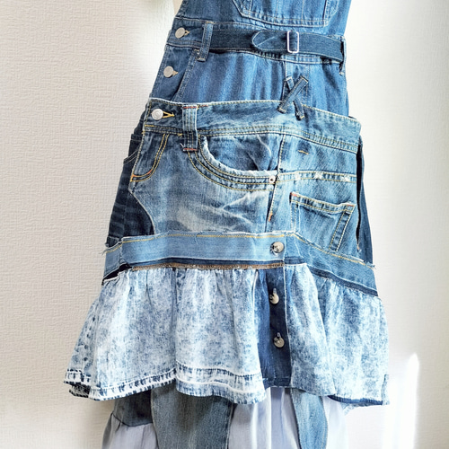 リメイクデニムフリルオーバーオールスカート世界で一つ♪古着再構築