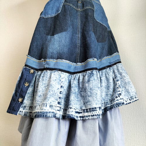 リメイクデニムフリルオーバーオールスカート世界で一つ♪古着再構築