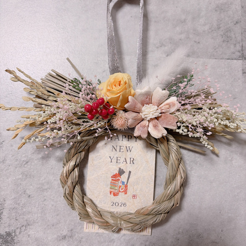 1.しめ縄リース No.600 赤い実いっぱいしめ縄リース2024 ハンドメイドお正月飾り玄関