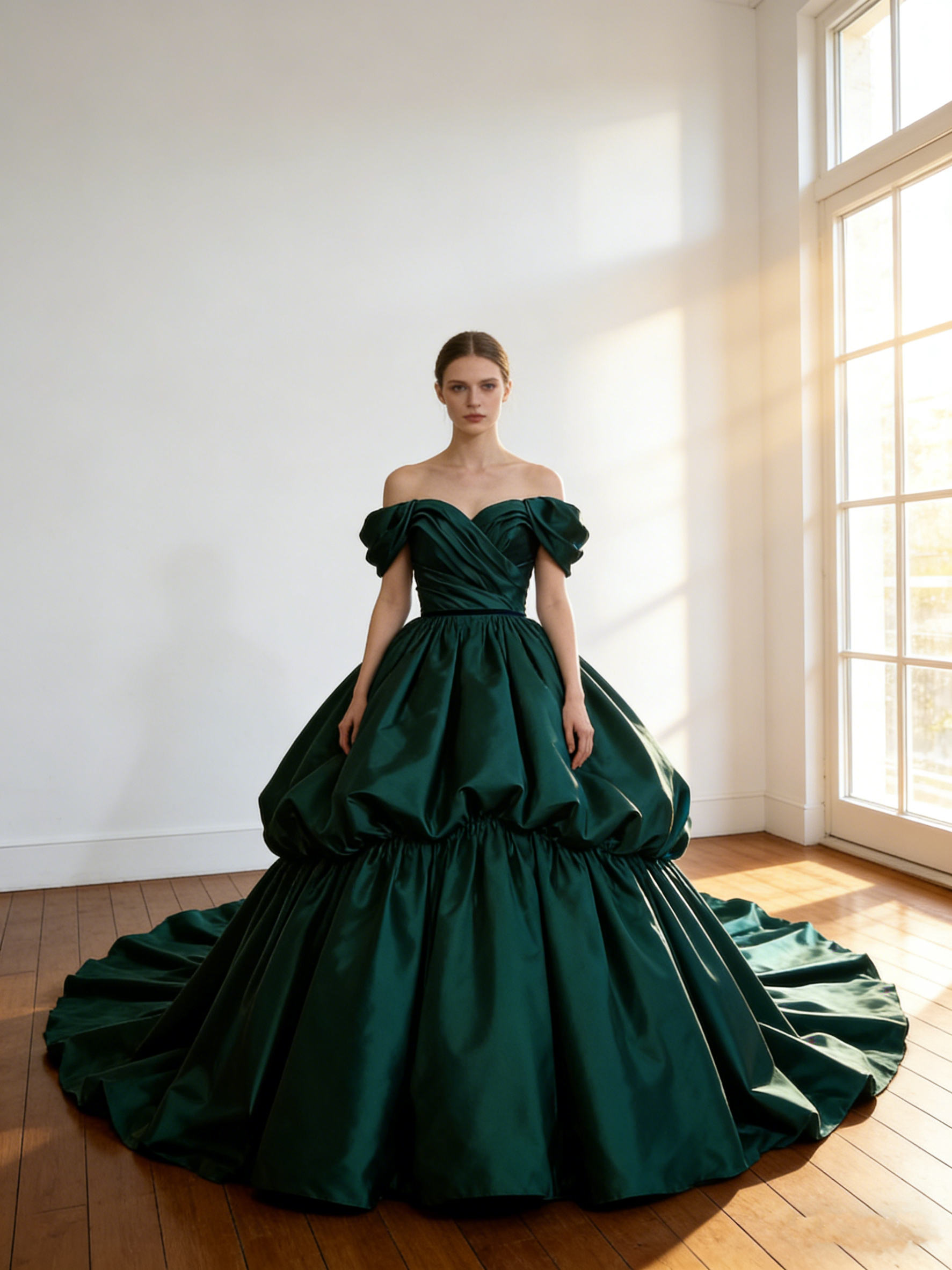 カラードレス  深緑 オフショルダー 光沢サテン   華やかなトレーン  スリット   花嫁 前撮り   色直し