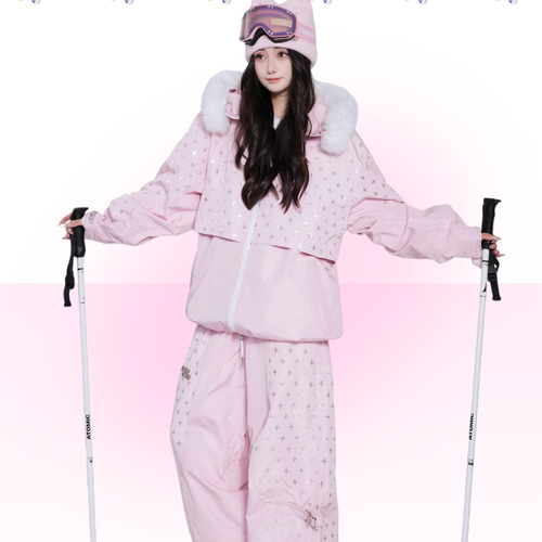 2026 スノボウェア 上下セット ピンク きらきら スパンコール 裏起毛3L