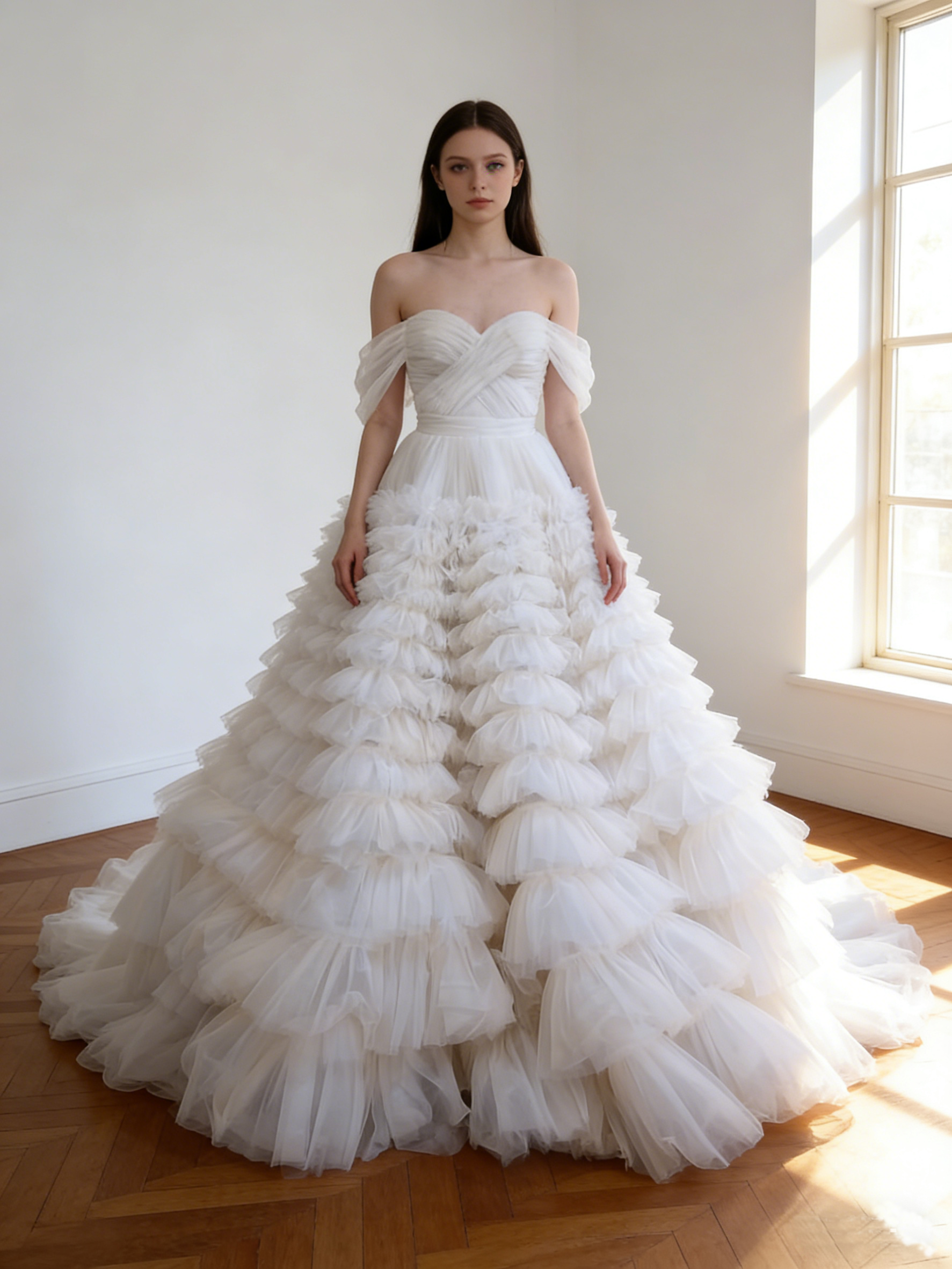 ウエディングドレス  オフホワイト オフショルダー 柔らかく重ねたチュールスカート 華やかなトレーン ブライダル 60,495円