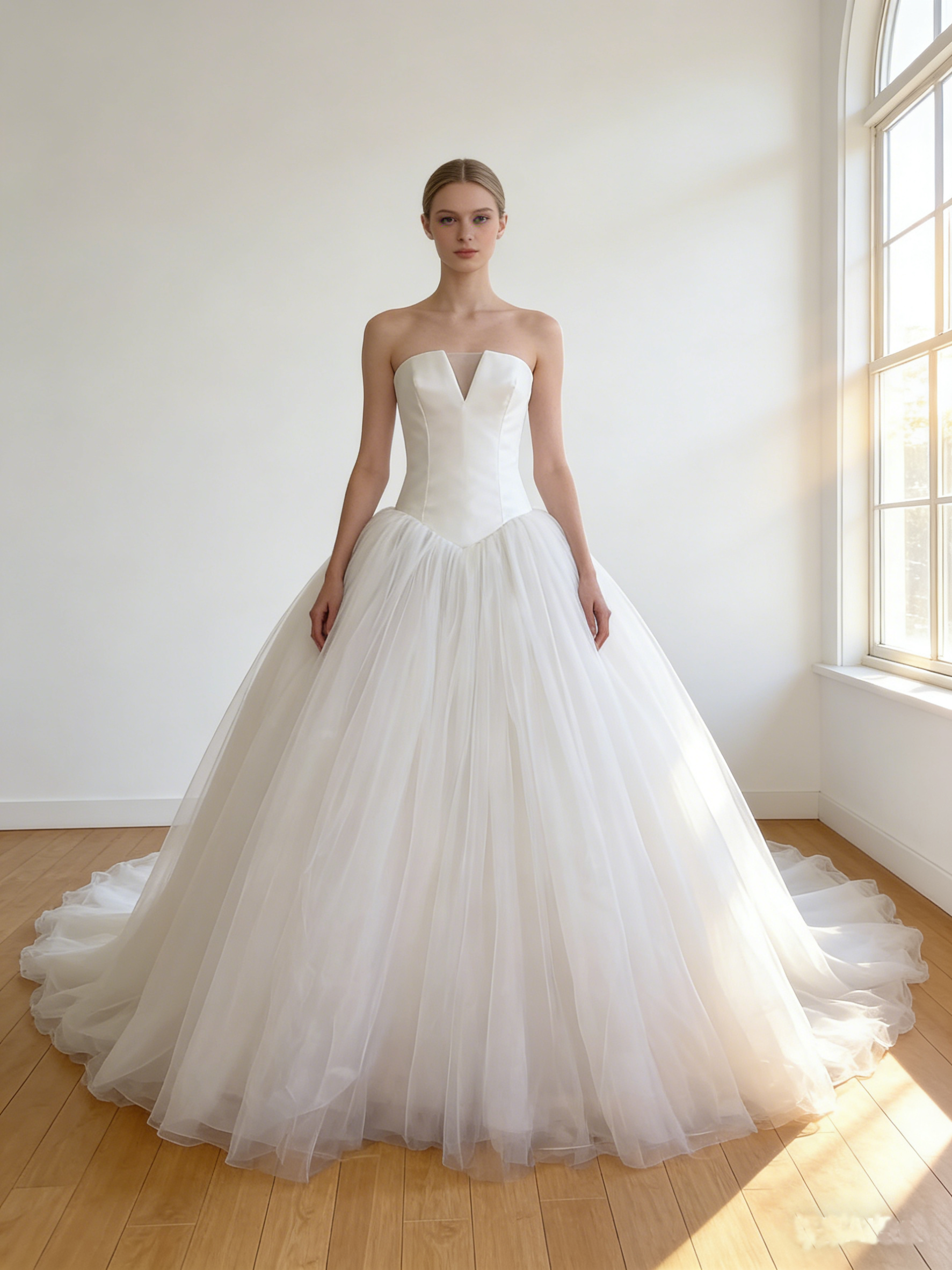 ウエディングドレス  オフホワイト ソフトチュール Vネックドレス   ロングトレーン   披露宴/結婚式