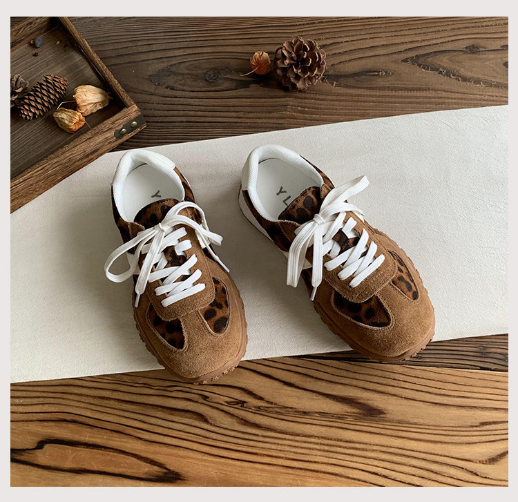 スエード調レオパード柄シューズ レディース レトロダッドスニーカー 2025 新作 本革 ホンコンスタイル アガムシュー