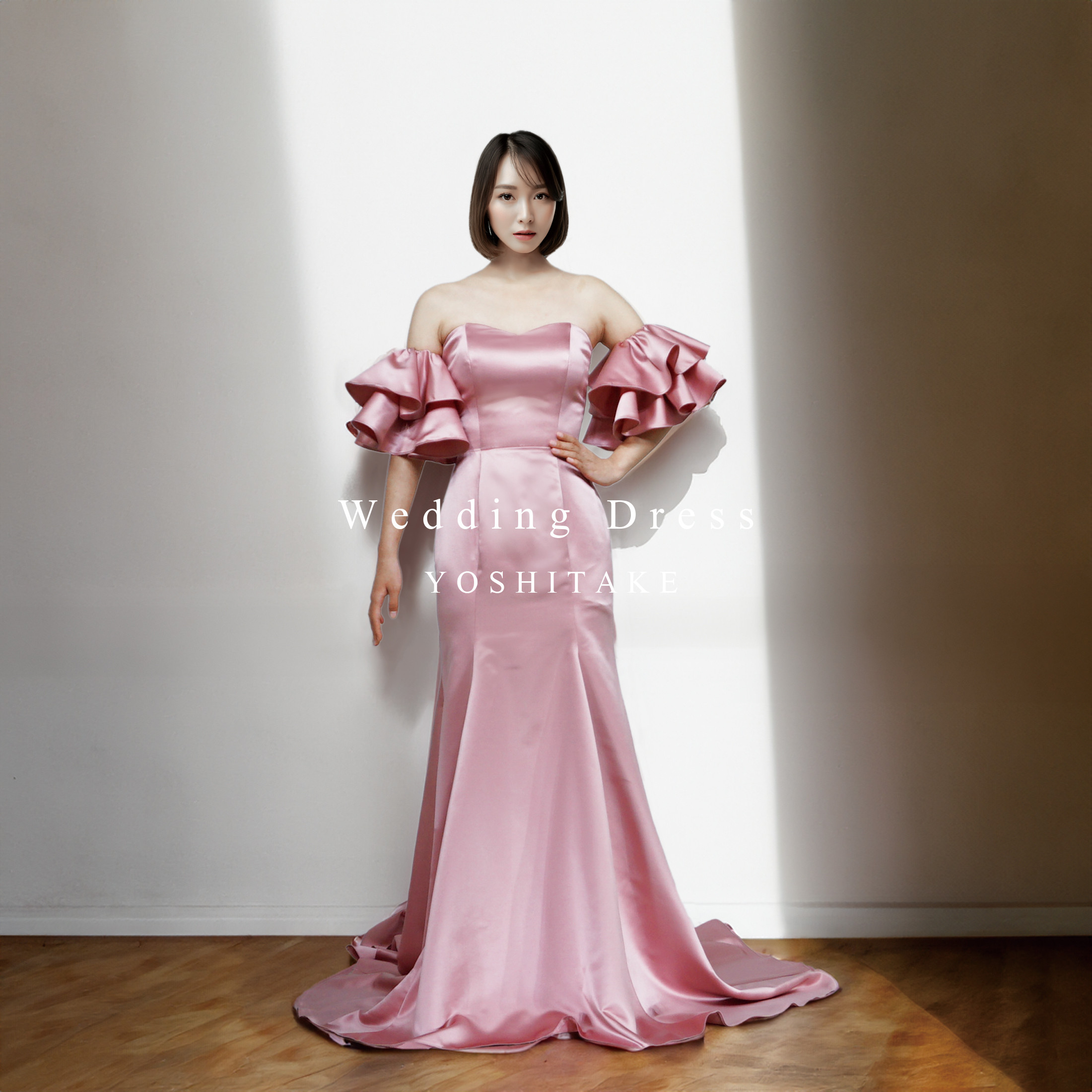 ウエディングドレス.ピンク.カラードレス.フリルスリーブ.マーメイド.Y2752