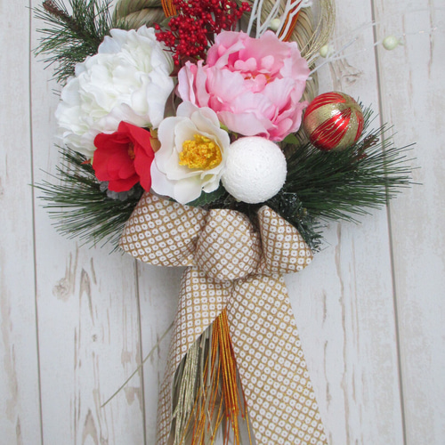 お正月飾り　造花アレンジ　ピンク牡丹　椿　など このまま飾れます(*^^*) お正月アレンジ 牡丹 椿 No.2