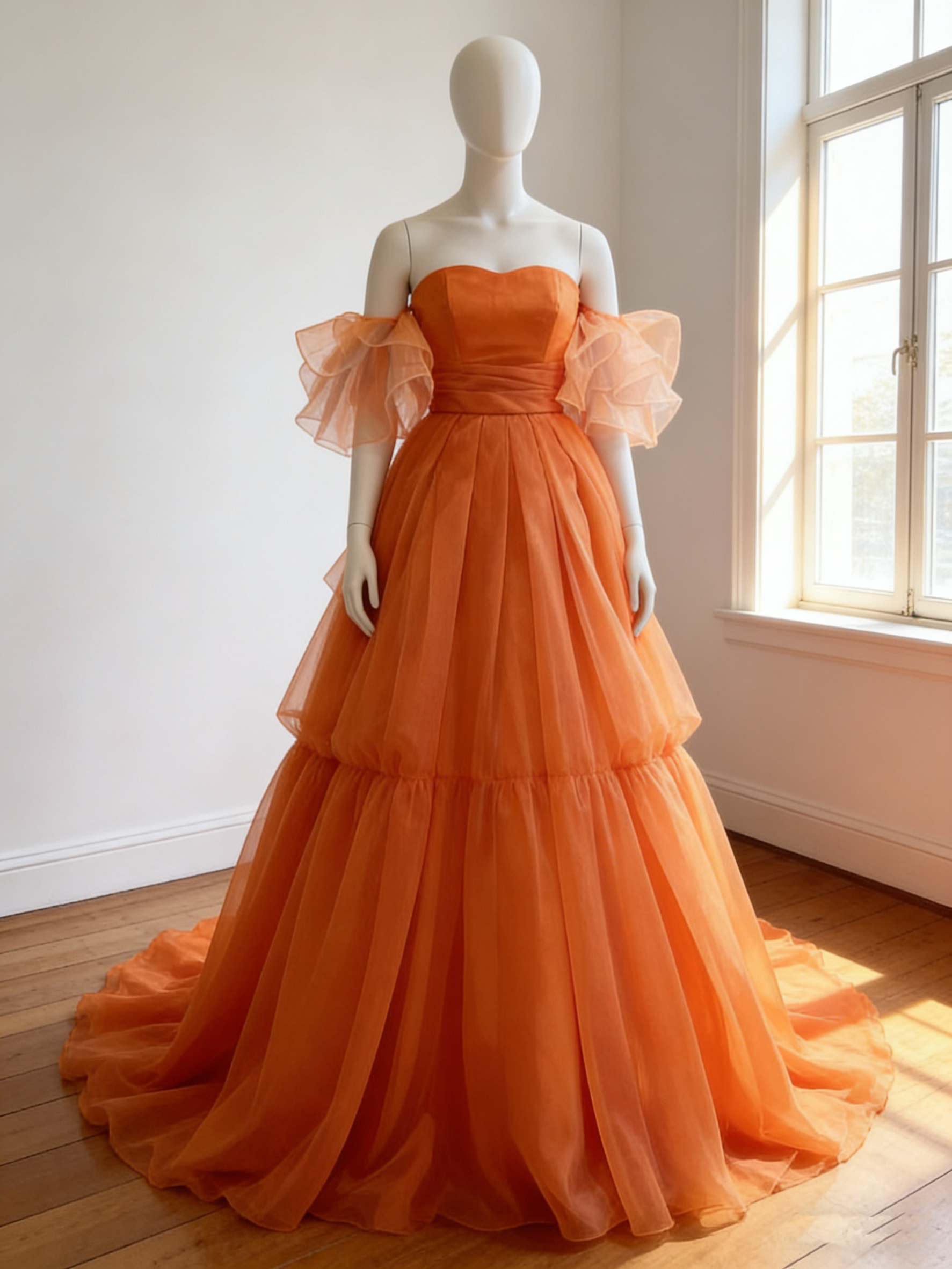 カラードレス  オレンジ  取り外し可能な付け袖   ソフトチュール   ロングトレーン   花嫁 前撮り