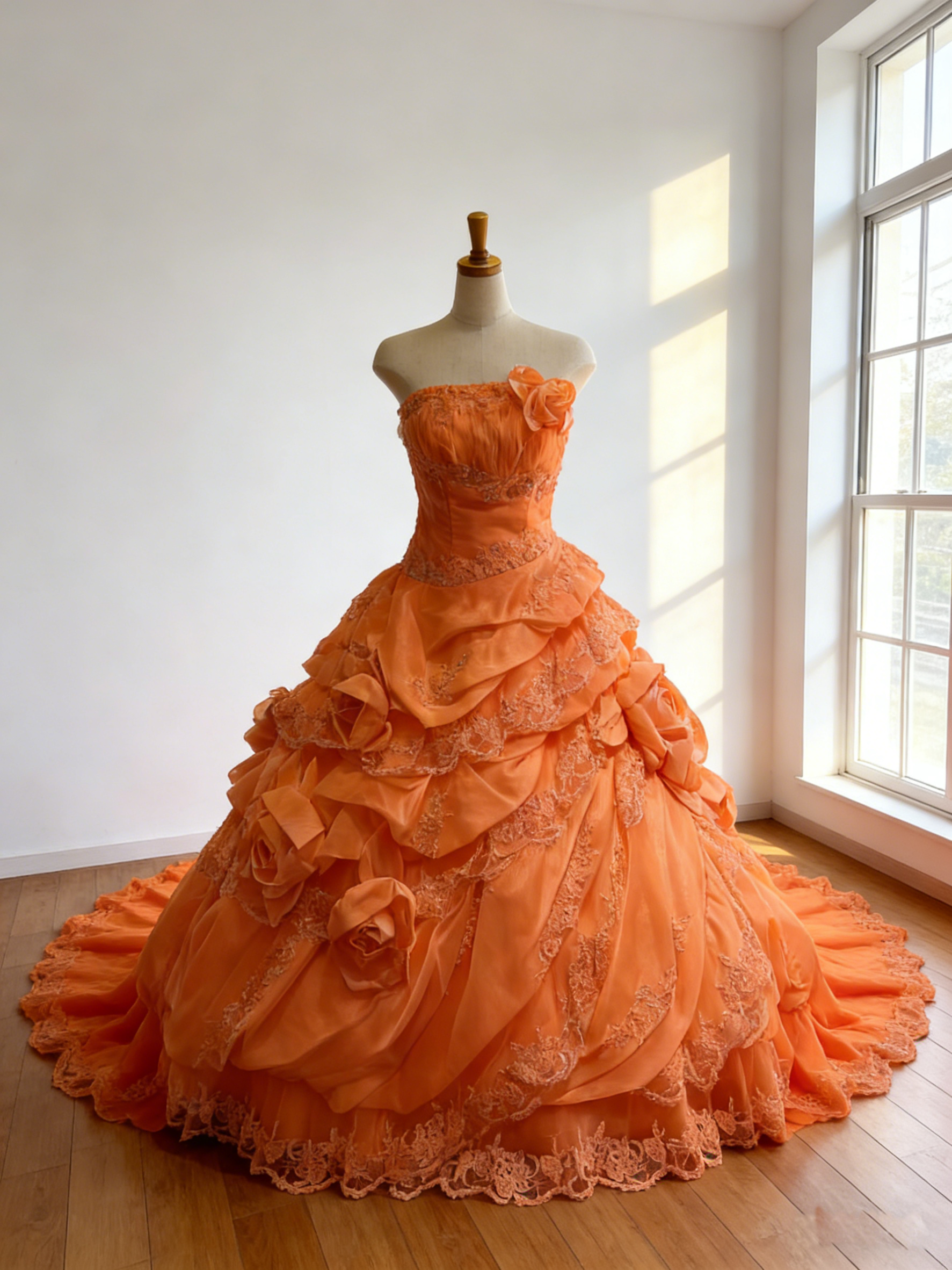 カラードレス  オレンジ  ビスチェドレス  花柄モチーフで刺繍が美しい   華やかなトレーン   アシンメトリードレス