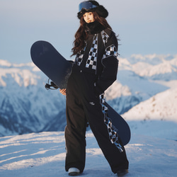 2026 スノボウェア 上下セット チェック柄 黒 裏起毛 3L レディース