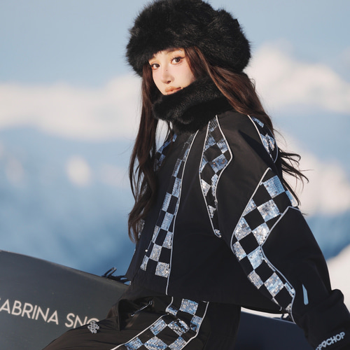 2026 スノボウェア 上下セット チェック柄 黒 裏起毛 3L レディース