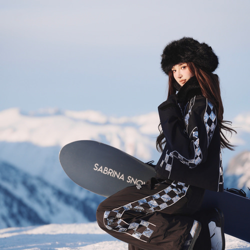 2026 スノボウェア 上下セット チェック柄 黒 裏起毛 3L レディース