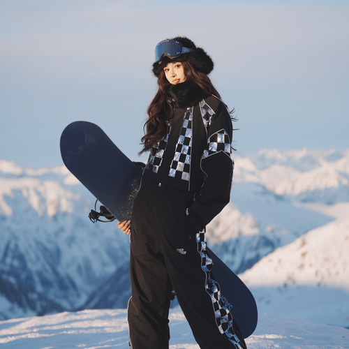 2026 スノボウェア 上下セット チェック柄 黒 裏起毛 3L レディース