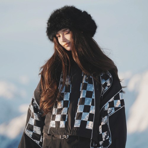 2026 スノボウェア 上下セット チェック柄 黒 裏起毛 3L レディース