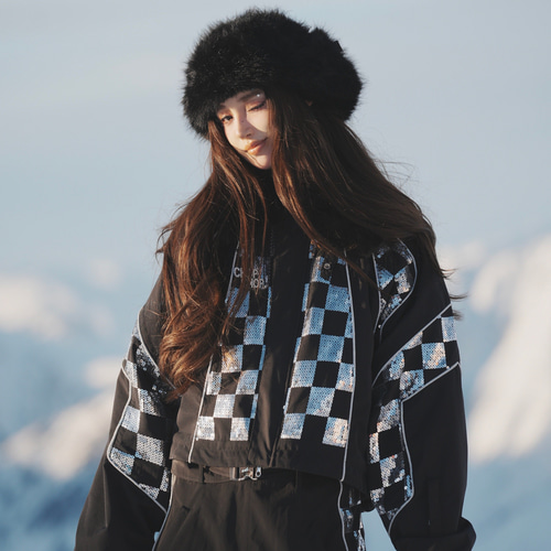 2026 スノボウェア 上下セット チェック柄 黒 裏起毛 3L レディース