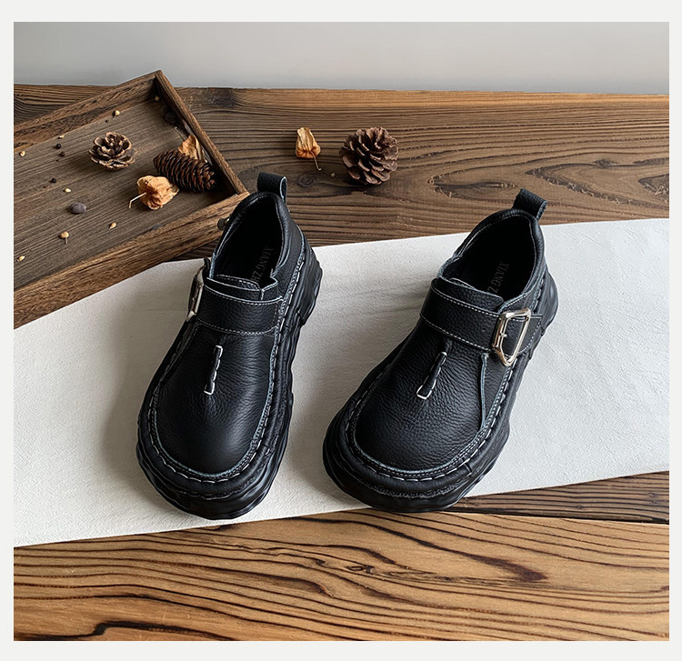 本革プラットフォーム厚底シューズ レディース 2025 秋新作 和風スタイル ビッグトゥー愛らしいシューズ モードカジュ