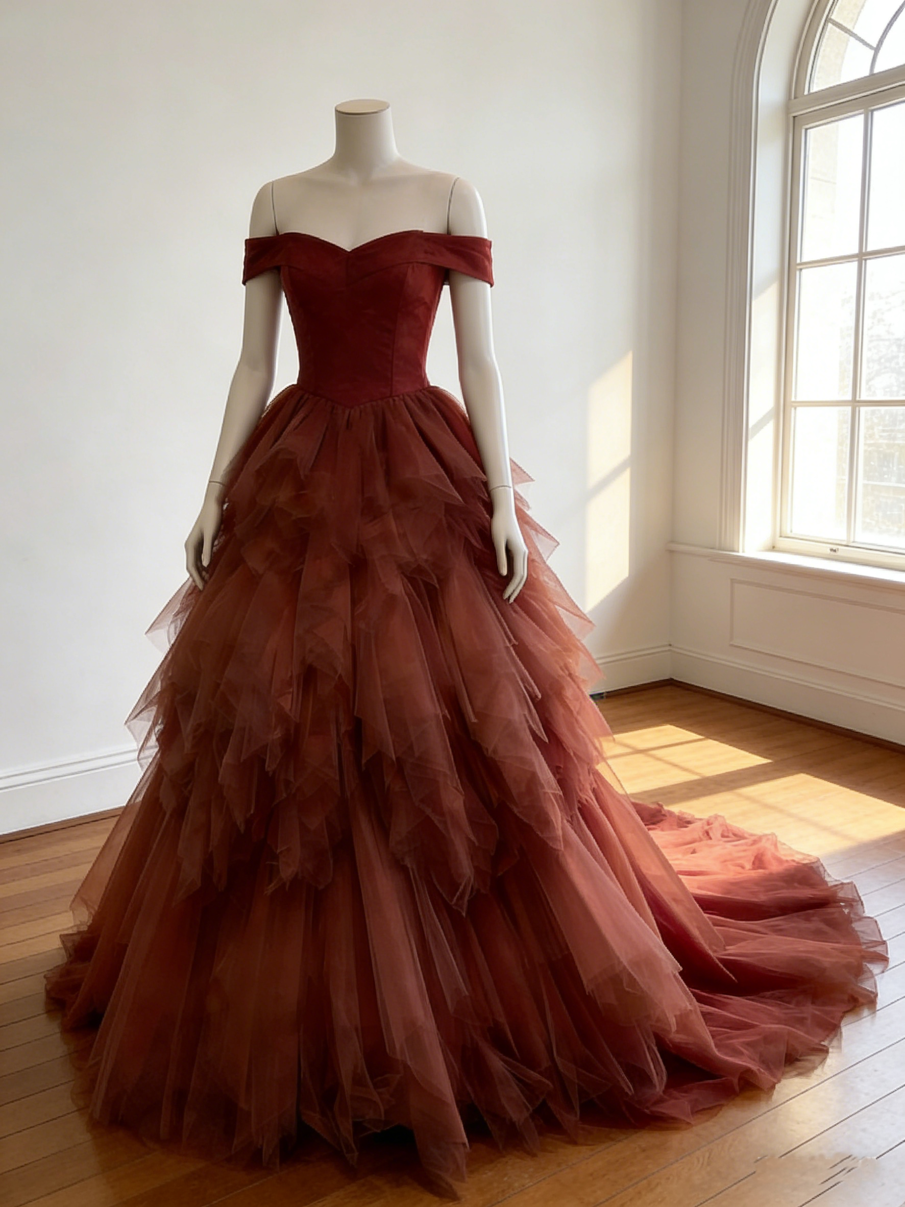 カラードレス  テラコッタ色   オフショルダー  アシンメトリードレス   ロングトレーン  ソフトチュール  結婚式