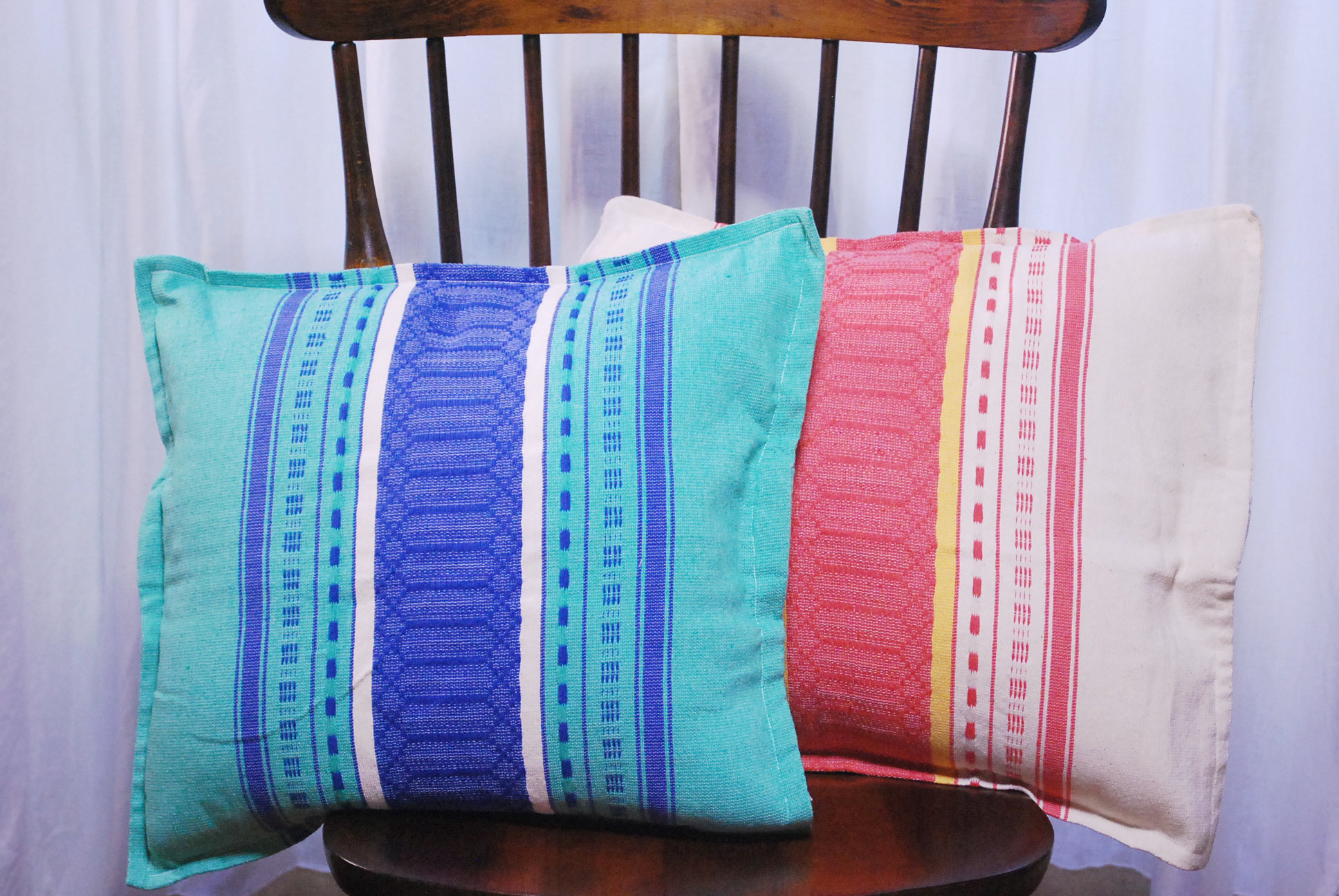 【セット】メキシコ ミトラ村 手織りクッションカバー｜ピンク＆水色　ストライプ