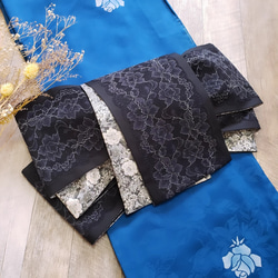 半幅帯】ブラックバラレースとFlower garden gray/ 白 黒 着物 和装